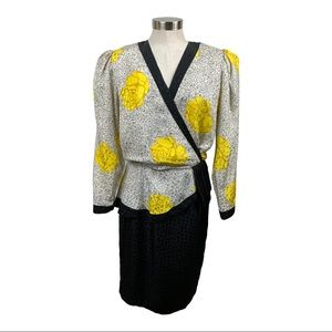 Lauren Alexandra Vintage Yellow, Black, & White Silk Dress Size 12